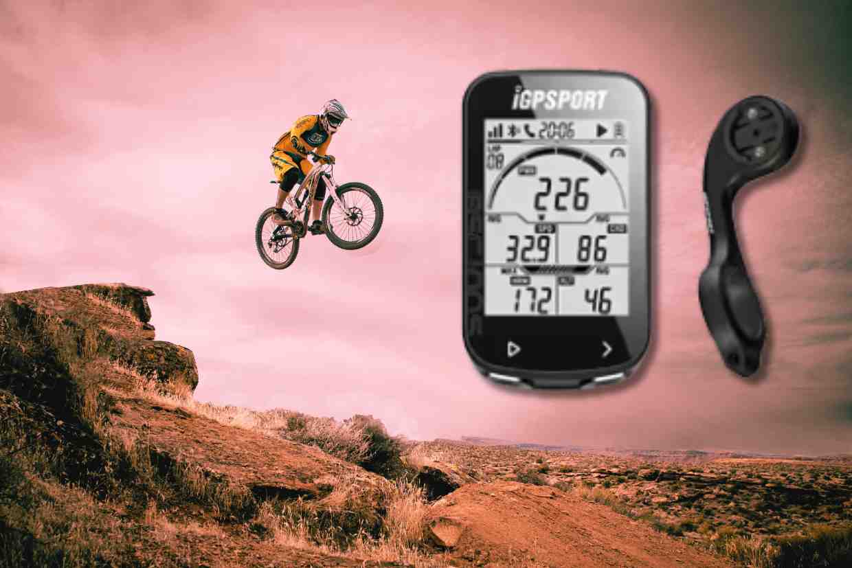 Ciclista em salto radical com ciclocomputador iGPSPORT e suporte fixador ao lado.