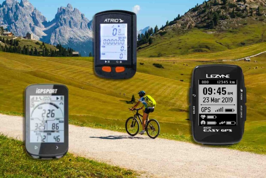 Ciclista em trilha de montanha com ciclocomputadores Atrio, iGPSPORT e Lezyne destacados.