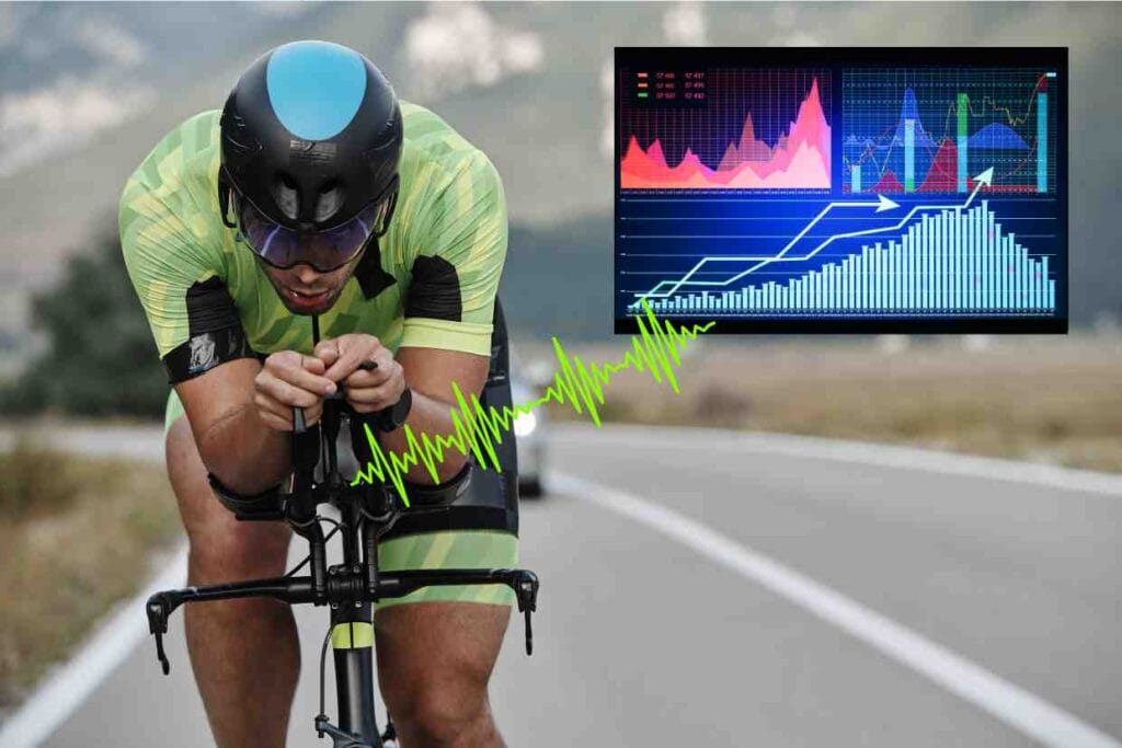 Ciclista em alta velocidade monitorando dados com GPS para bike. Imagem: Canva.