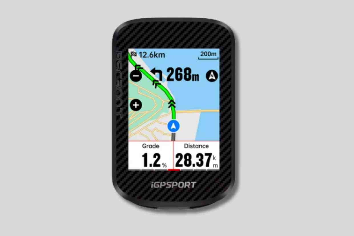 GPS para bike iGPSPORT bsc300t com mapa de rota e dados de desempenho.