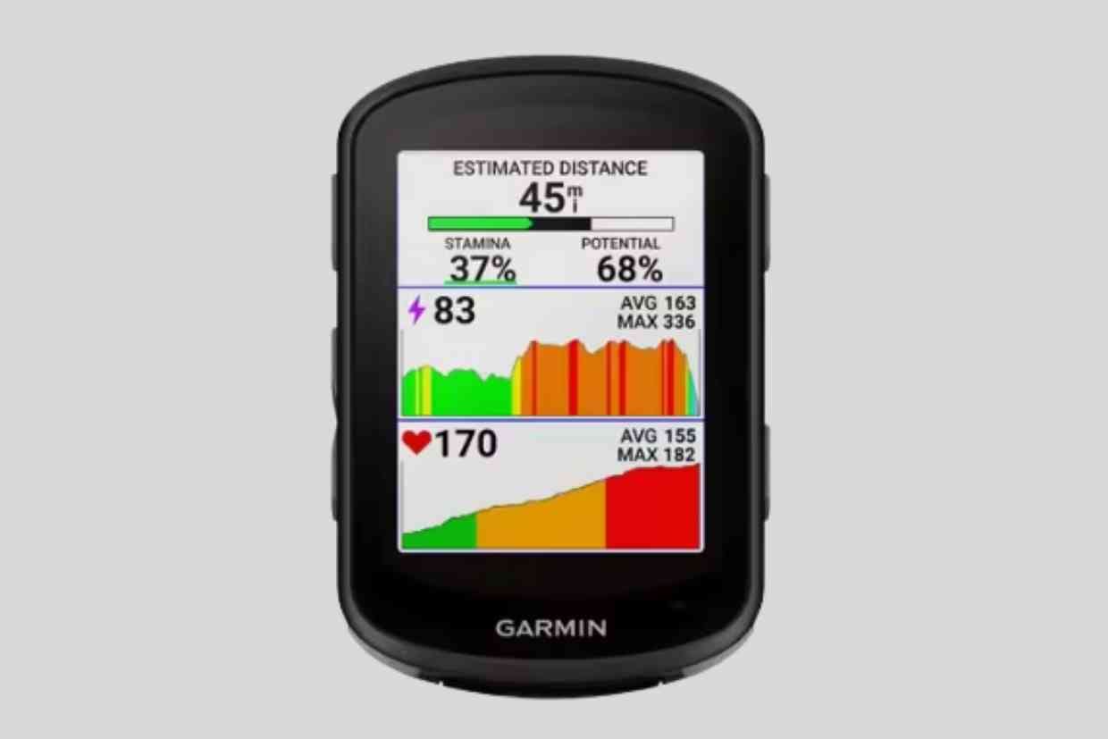 Tela do Garmin Edge 540 exibindo gráficos de potência e frequência cardíaca.