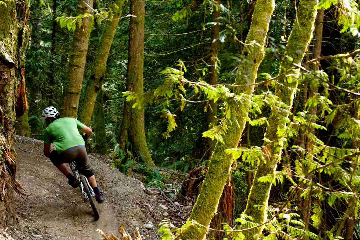 Ciclista ajustando pedal da bicicleta em trilha de mountain bike em meio à vegetação.