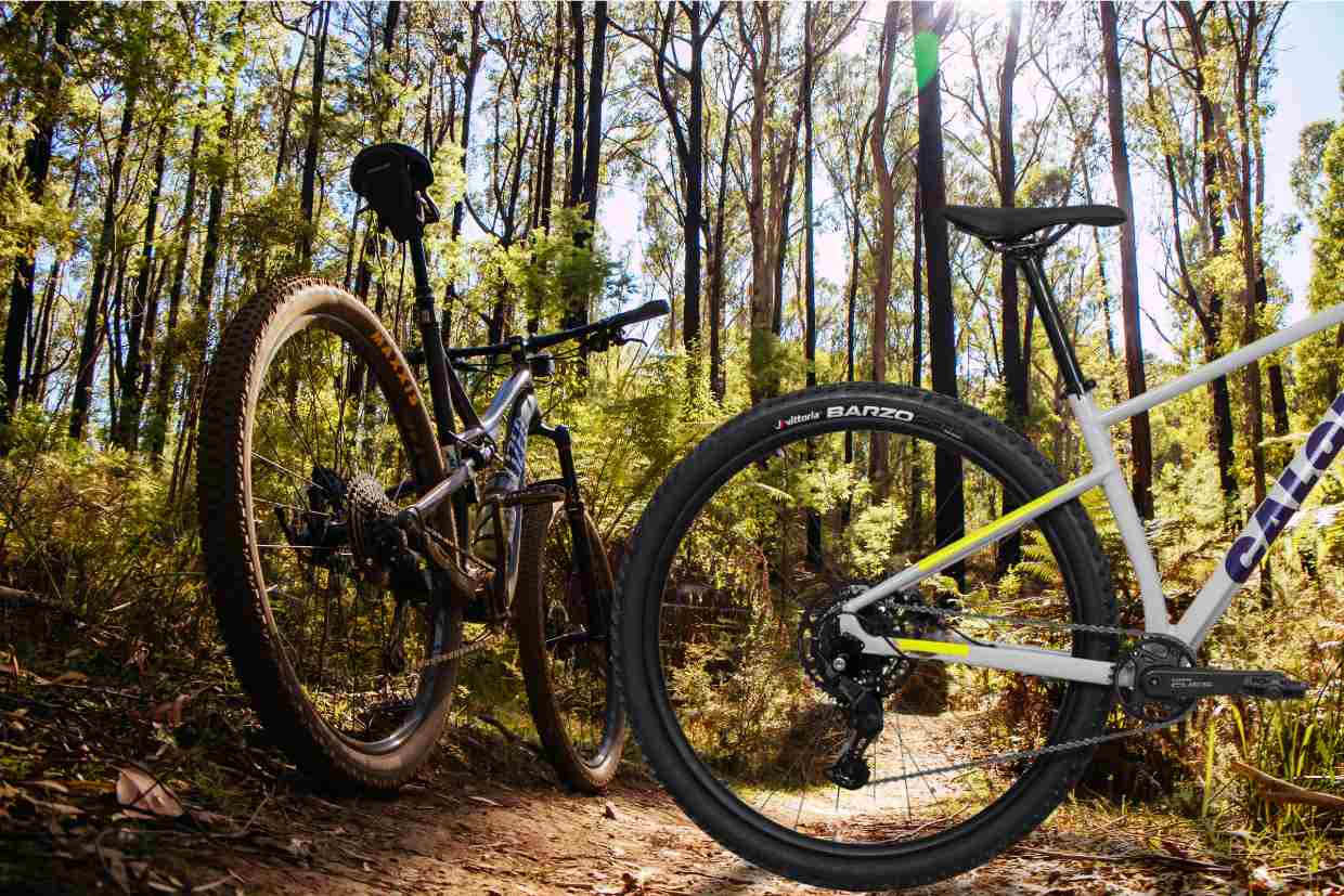 Duas bicicletas no meio da trilha, com foco na Bicicleta Caloi Explorer Comp branca entre árvores e luz solar.