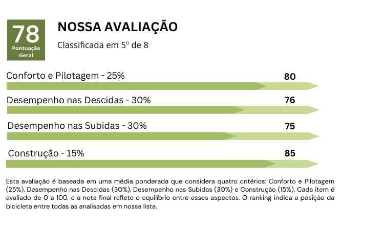 Imagem dos gráficos de análise da performance da bicicleta TWS Hunch Comp nos quesitos: conforto e pilotagem, desempenho em subidas e descidas, além da sua construção. Os gráficos de barras horizontais mostram o desempenho em cada um dos itens avaliados em forma de pontuação e nota geral da bicicleta. Esse cálculo é feito por meio de média ponderada.