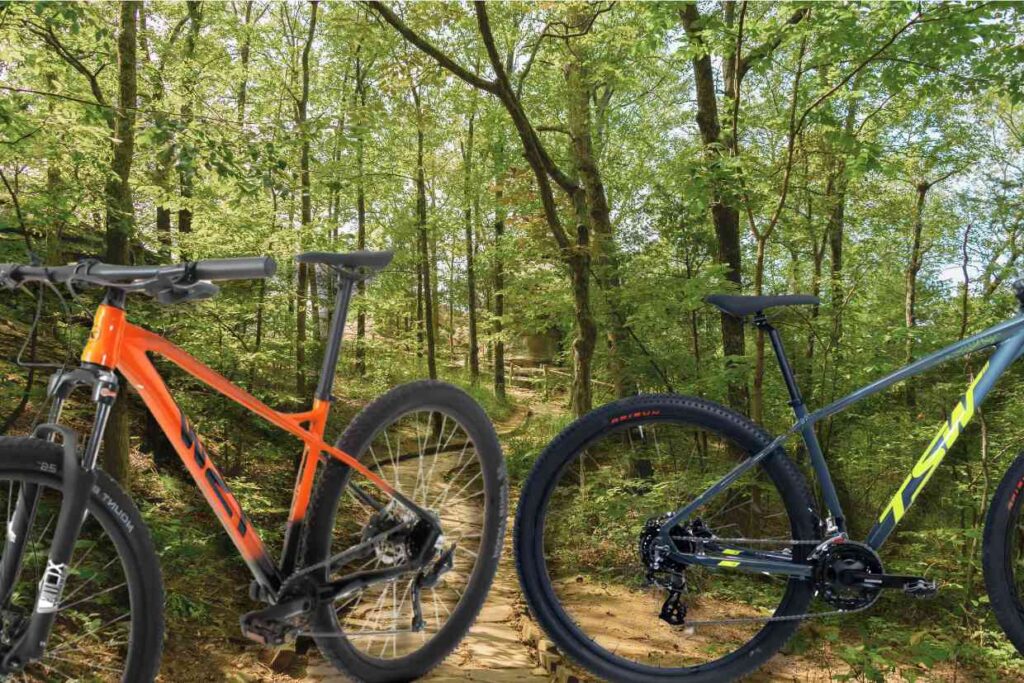 Bicicletas TSW Hunch em destaque sobre trilha de terra cercada por floresta.