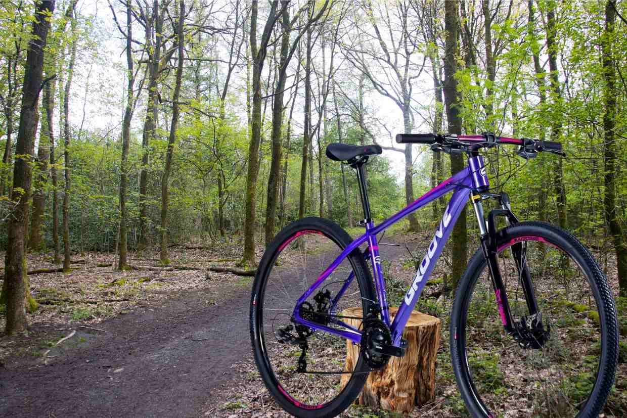 Bicicleta aro 29 Groove Indie 21v roxa posicionada em trilha ampla de floresta.