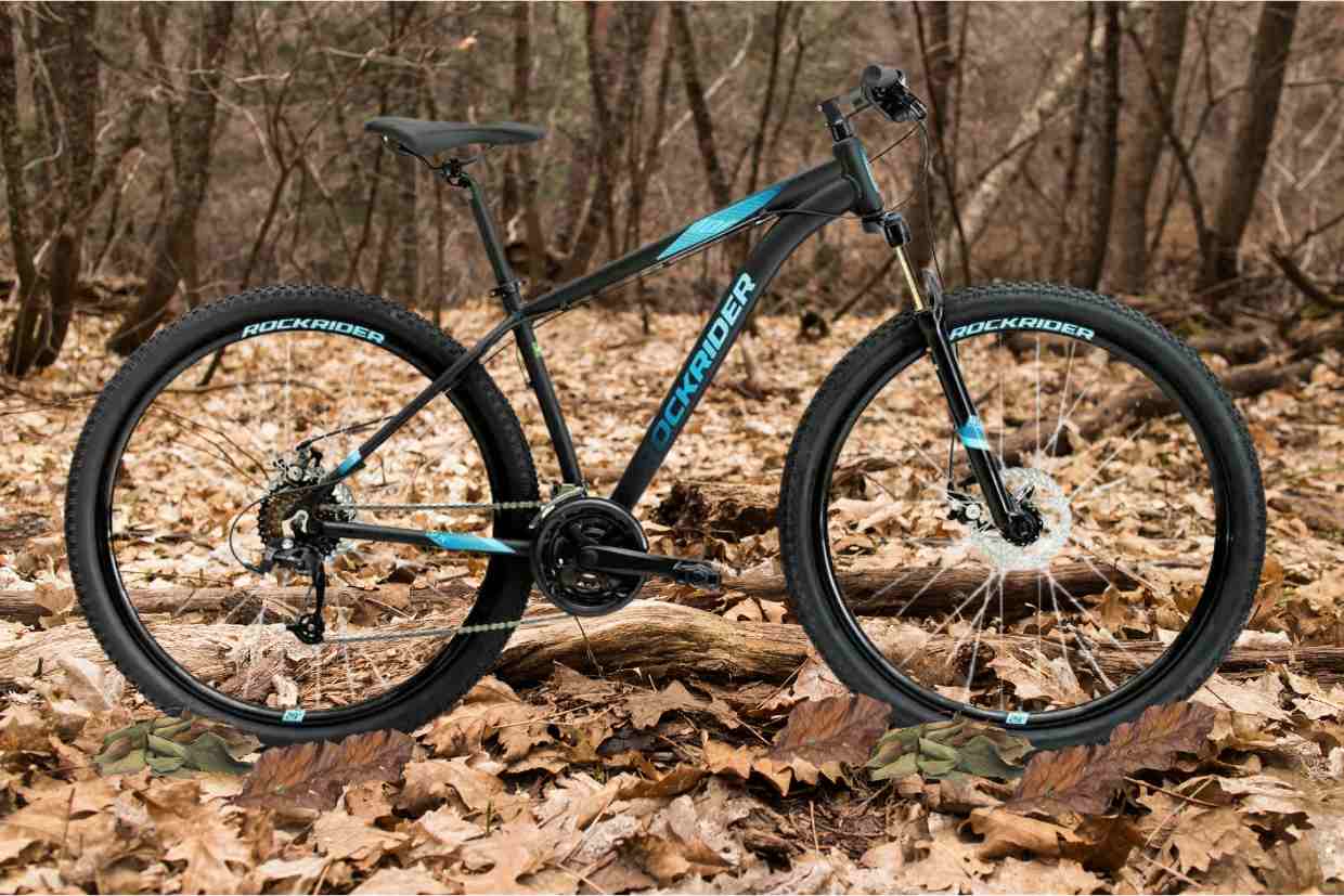 Bicicleta aro 29 Rockrider posicionada em solo coberto de folhas secas em floresta densa.