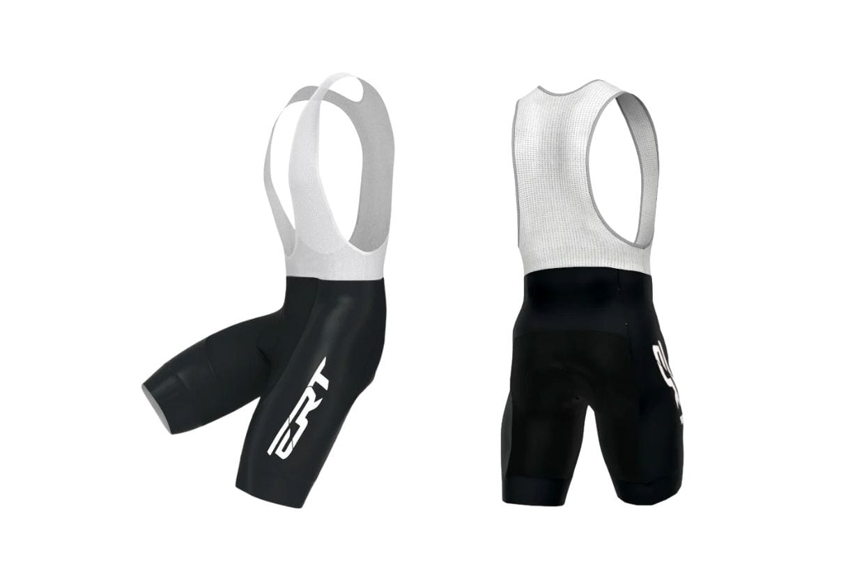 Imagem da bermuda de ciclismo masculina (bretelle) ERT Elite Racing Gel em duas diferentes vistas: frente e lateral na cor preta / branco.